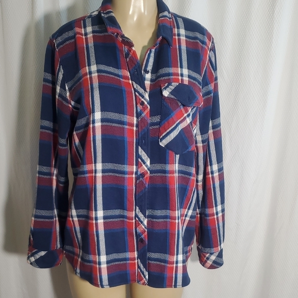 One Gun Ranch Womens Flannel Plaid Button-Up Shirt Blue and Red 100%Cotton Sz L